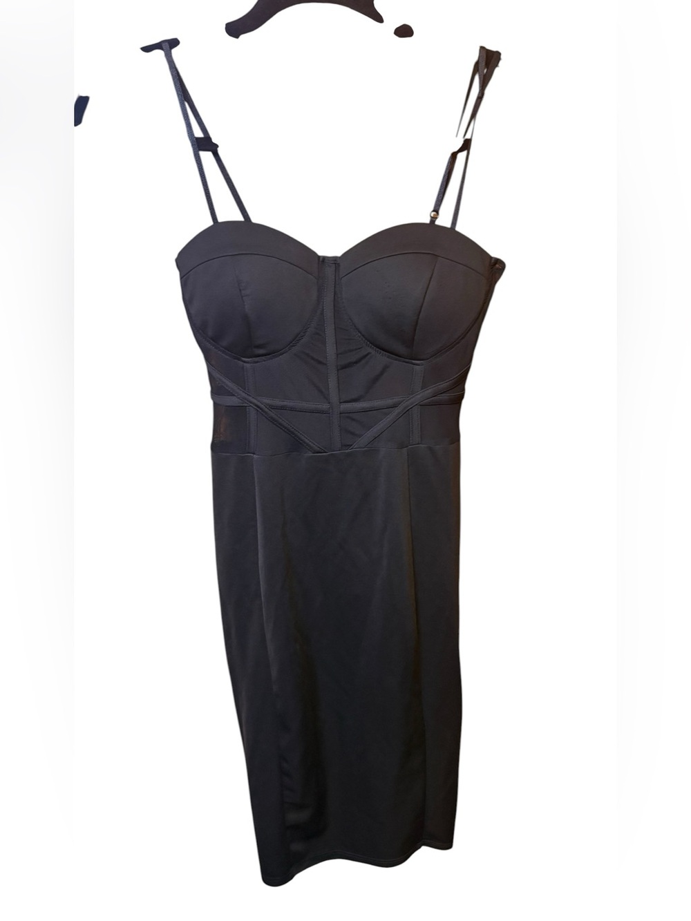 Windsor Black Corset-Style Sheer Mesh Bodycon Knee Dress Sweetheart Zip Large - Picture 3 of 8